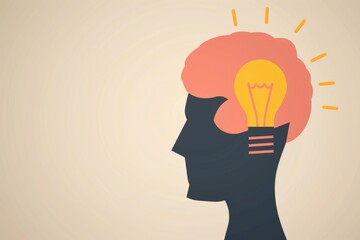 Poster - An abstract brain light bulb illustration with head outline symbolizing creative thinking and intelligence perfect for modern and conceptual design themes.