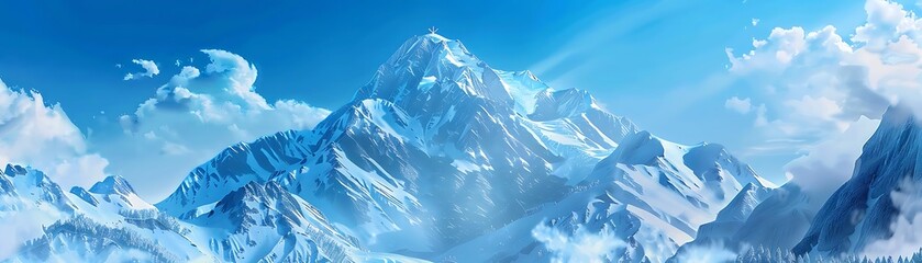 Wall Mural - Snowy Mountain Peak Illustration with Blue Sky and Clouds