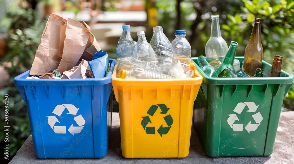 Three recycling bins in blue, yellow, and green are filled with sorted ...