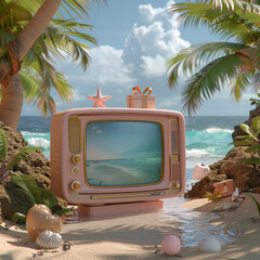 Wall Mural - there is a pink television set on the beach with a pink box