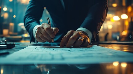 Closeup of executive signing documents on desk in dimly lit office for business approvals and agreements