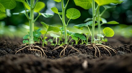 Healthy roots of green soybean plants embedded in soil, highlighting agriculture, soil health, and organic farming techniques.