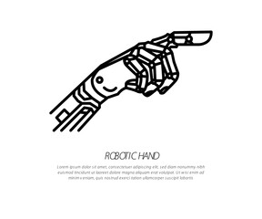 Robot hand pressing push button vector icon. Mechanical hand and electronics. Control by software. Concept for robotic, artificial intelligence or AI, future, futuristic, tech or technology, science.