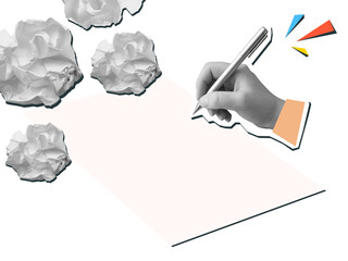 Black and white hand writes with a pen on an empty paper sheet with a balls of a crumpled paper around it. Search for an idea. Illustration in a modern collage style on transparent background