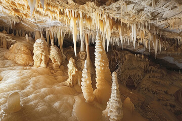 Wall Mural - Generative ai on theme of a large beautiful sharp stalactites hanging down from deep mountain cave