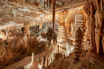 Wall Mural - Generative ai on theme of a large beautiful sharp stalactites hanging down from deep mountain cave