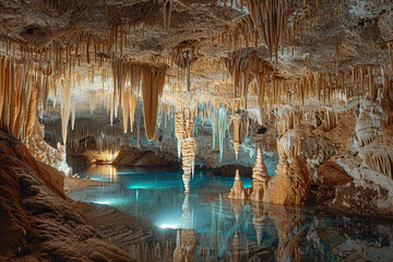 Wall Mural - Generative ai on theme of a large beautiful sharp stalactites hanging down from deep mountain cave