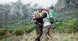 © peopleimages.com - Success, hug or happy people hiking on mountain in outdoor adventure celebration in nature travel. Fitness goal, winning or senior friends in forest for success, achievement or trekking to explore
