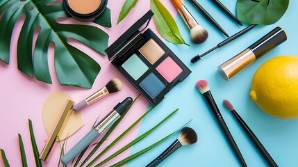 Tropical Makeup Essentials: A Flatlay of Beauty Products