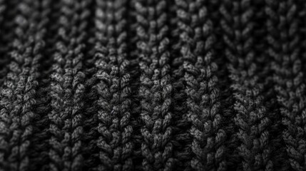 Black woolen knitting fabric texture background. Knit backdrop. Warm winter sweater or scarf, knitwear