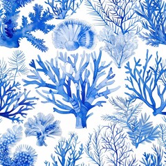 A beautiful seamless underwater pattern with watercolor sea life and beautiful corals. Stock image.