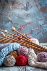 Cozy knitting setup with colorful yarn and needles on a rustic table, copy space