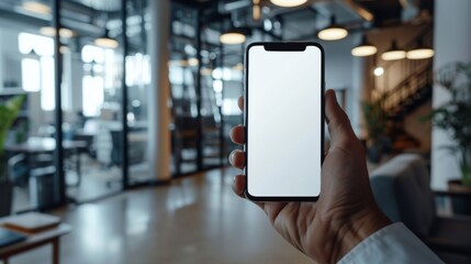 Man holding smartphone with blank white screen in front of him, mock-up. Blurred office background.