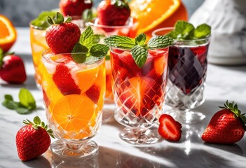 Wall Mural - vibrant display fruit infused beverages elegantly arranged marble highlighting colorful ingredients refreshing aesthetics, infusion, table, citrus, berries