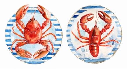 Crab and lobster on plates. Delicious and healthy food. Hand-drawn watercolor illustrations.