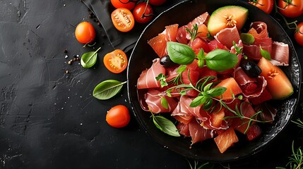 A delectable display of prosciutto-wrapped melon slices on a dark ceramic plate. Soft, ambient lighting highlighting the vibrant colors and textures, creating an inviting look. hd quality,