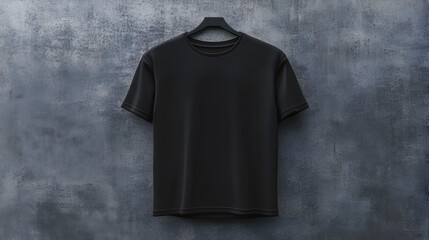 Wall Mural - A blank black tshirt in front of an urban gray wall Tshirt mockup for presentation