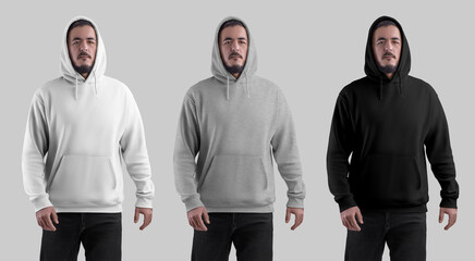 Wall Mural - Template white, black, heather hoodie on a bearded man in a hood, male apparel presentation with pocket, front view, for design. Set