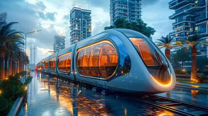 Futuristic Monorail System in Modern Cityscape Emphasizing Urban Mobility and Technology Advancements