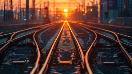 A beautiful sunset reflecting on railway tracks, creating a stunning perspective of the tranquil evening scene.