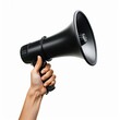 © Lars - A close-up of a hand holding a black megaphone, isolated against a clean white background, perfect for advertising, announcements, promotions, and communication-themed projects