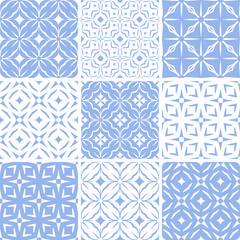 Canvas Print - Set of Seamless Geometric Diagonal Checked Light Blue and White Patterns. 