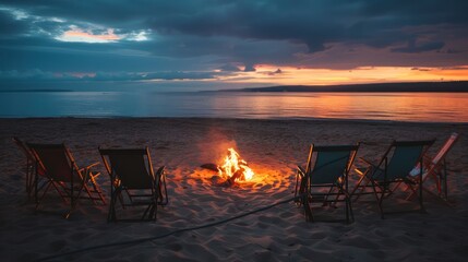 Wall Mural - Beach chairs arranged around a bonfire in the evening