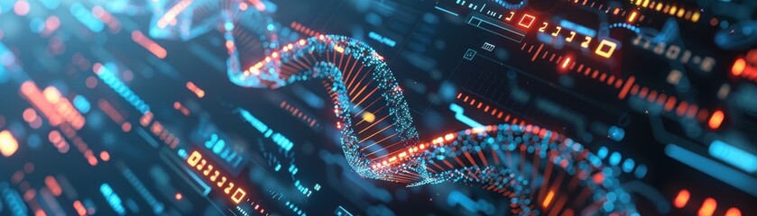 Wall Mural - futuristic digital dna strand with glowing data elements in a high-tech environment
