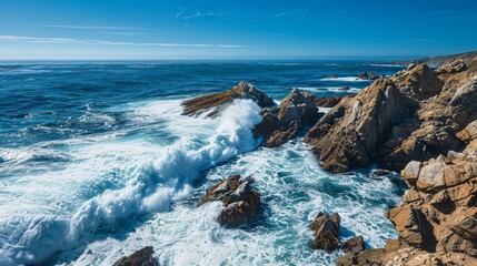 Wall Mural - Waves surge and crash energetically against rocky cliffs, creating a magnificent display of nature’s power under a bright blue sky