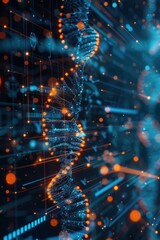 Wall Mural - futuristic digital dna strand with glowing particles and data connections in a high-tech environment
