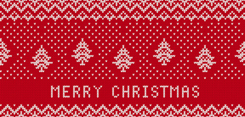 Wall Mural - Holiday knit seamless pattern with trees and text. Knitted sweater print. Xmas geometric border. Christmas red background. Fair isle traditional texture. Festive winter ornament. Vector.