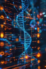 Wall Mural - futuristic digital dna helix with glowing blue and orange elements in a high-tech environment