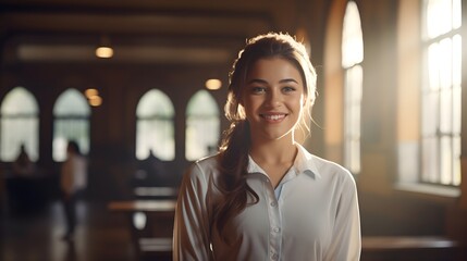 Wall Mural - Schoolgirl with a radiant smile, standing in a sunlit classroom,