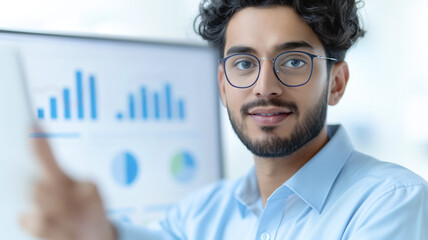 A young analyst with curly hair and glasses points to data charts on a computer screen. His confident smile and professional attire reflect expertise in a modern office.