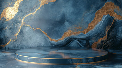 Wall Mural - blue marble and gold abstract background with generative ai. product display podium.