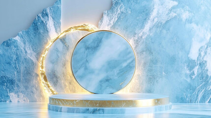 Wall Mural - blue marble and gold abstract background with generative ai. product display podium.