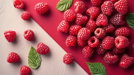 Wall Mural - Fresh Raspberries on Red and White Background with Green Leaves - Vibrant and Juicy Summer Berries