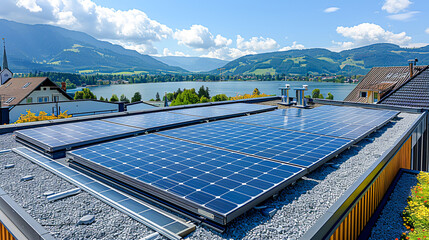 Harnessing Solar Energy: Green Power Generation with Solar Panels on Rooftop Under Sunlight