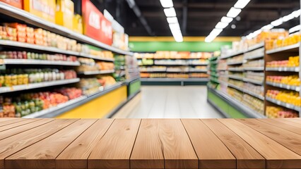 Wall Mural - Wooden table with blur background of supermarket. Generative ai