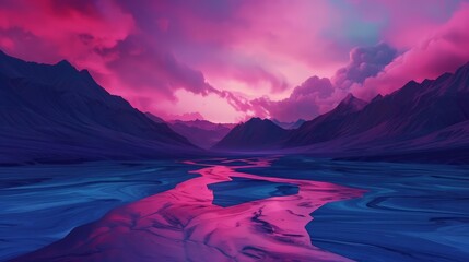 Wall Mural - Surreal landscape with CGI grid rivers, Psychedelic blues, Digital art