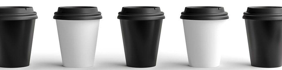 3D illustration of black and white paper coffee cups with lids, centered on a white background for branding.