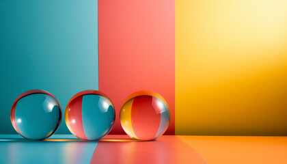 Three glass spheres reflecting vibrant teal, coral, and yellow color blocks in a modern abstract setting with smooth, glossy surfaces.