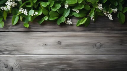 Wall Mural - White wooden table top with spring green leafs