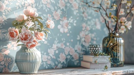 Vintage vases with delicate floral arrangements on a wooden shelf, set against a soft pastel floral wallpaper background.