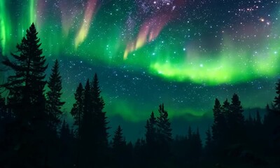 Wall Mural - Mystical forest backdrop, surreal aurora of vibrant greens and blues
