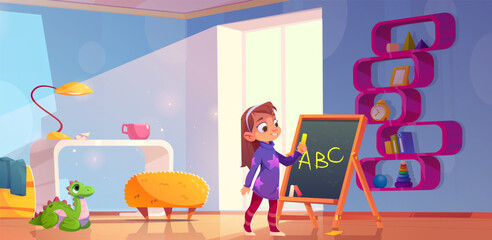 Wall Mural - Little kid girl in kindergarten classroom or home nursery with blackboard and bookshelf, table and pouf chair, toys and window. Cartoon vector illustration of child in play and education room.