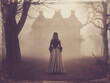© Cavan Images - Victorian Woman Standing in Front of Haunted Mansion in Foggy Woods