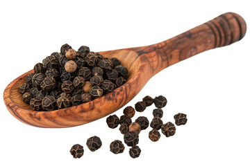 Black pepper on wooden spoon