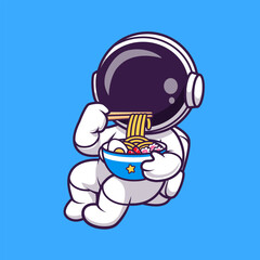 Wall Mural - cute astronaut eating ramen noodle in space cartoonvector icon illustration. science food icon conce