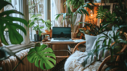 Naklejka na meble A productive home office setup with a laptop, plants, and motivational quotes